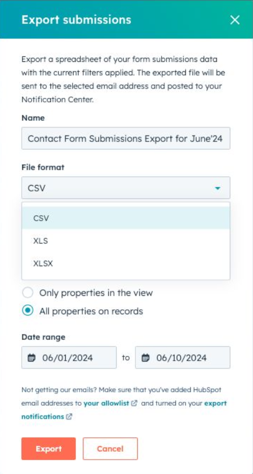 Form Submission Export by Date