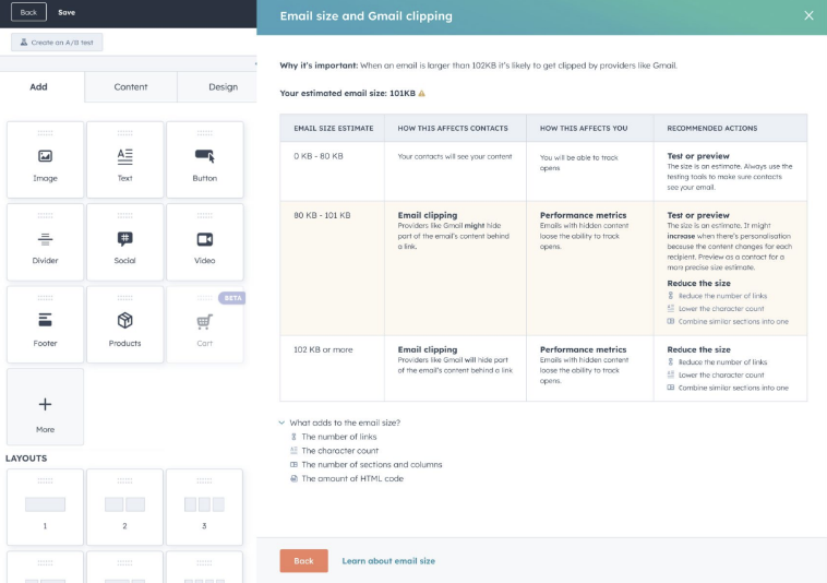 Estimated email size in the marketing email editor