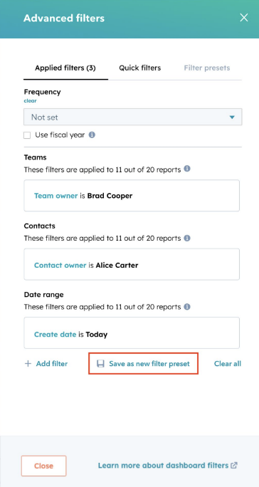 Filter presets on dashboards