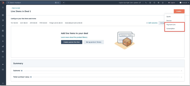 Create payment links & subscription from line items in deals